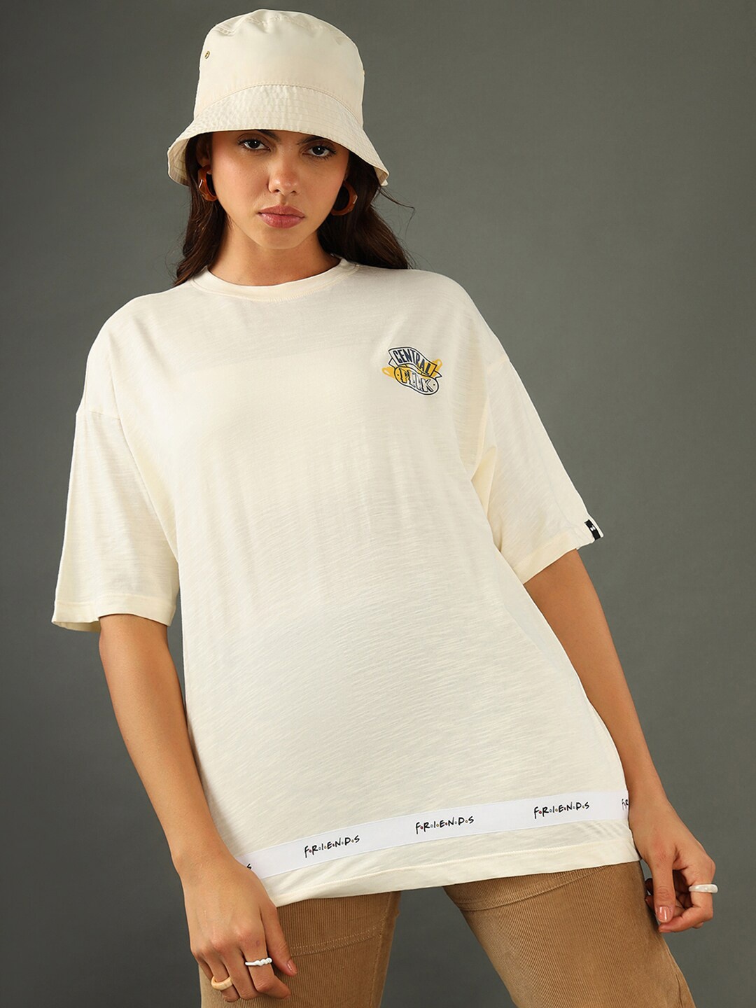 

Bewakoof Air 1.0 Friends Tape Graphic Printed Oversized Plus Size T-shirt, Cream