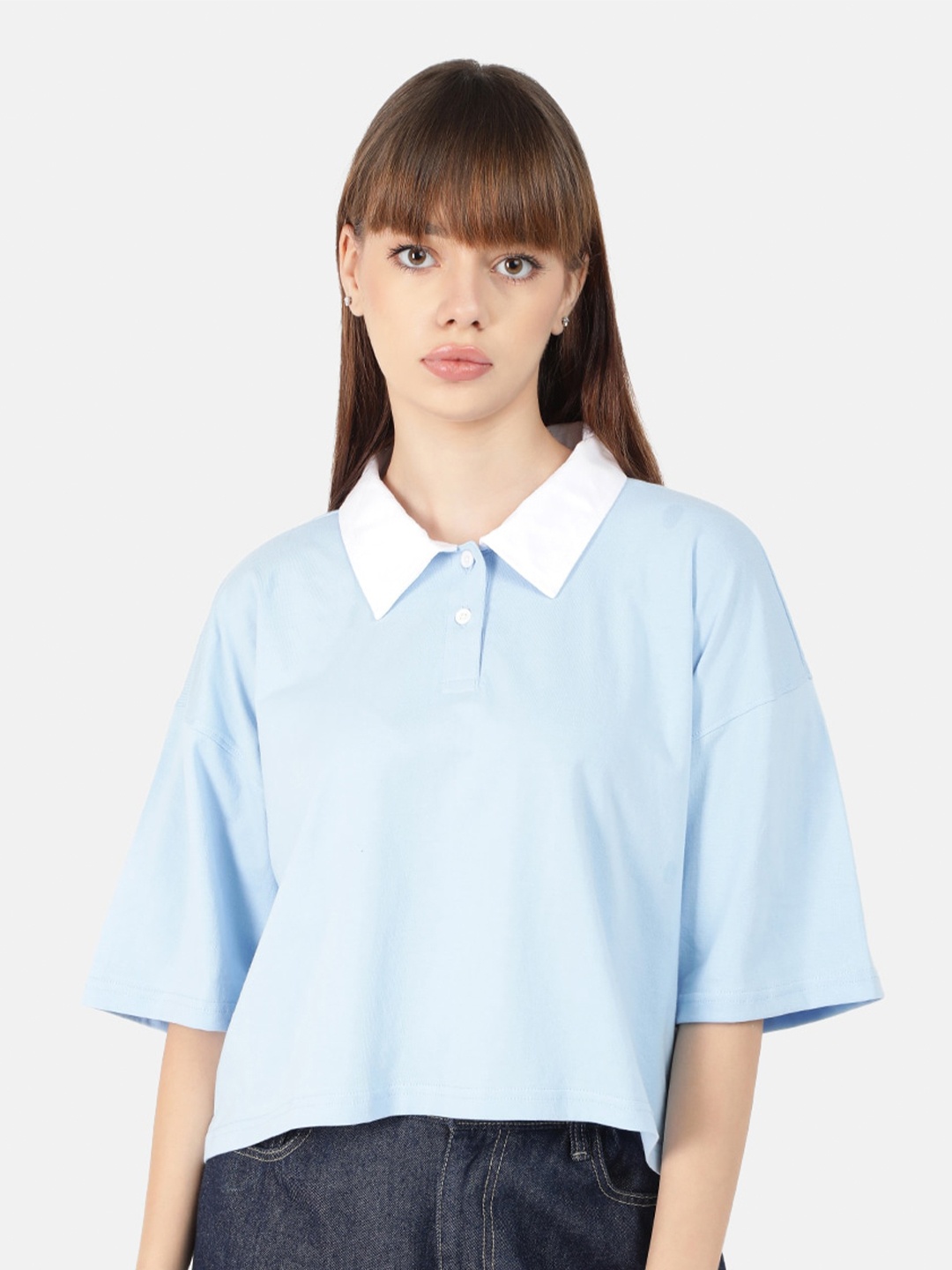 

Bene Kleed Women Contrast Polo Collar Drop-Shoulder Cotton Oversized T-shirt, Blue