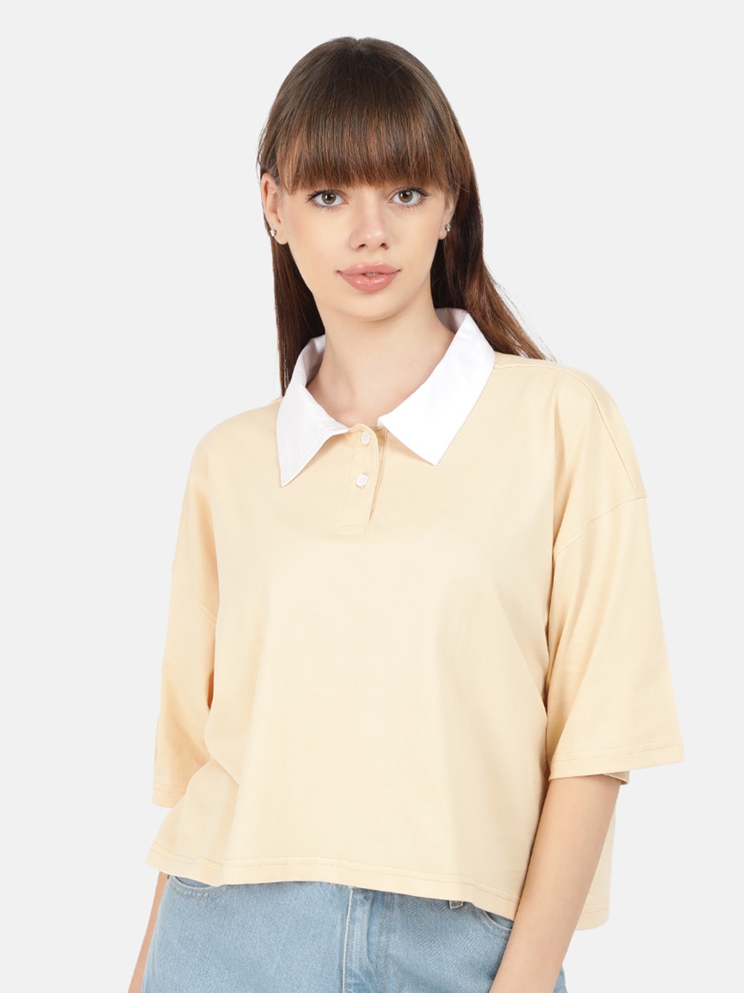 

Bene Kleed Women Contrast Polo Collar Drop-Shoulder Cotton Oversized T-shirt, Beige