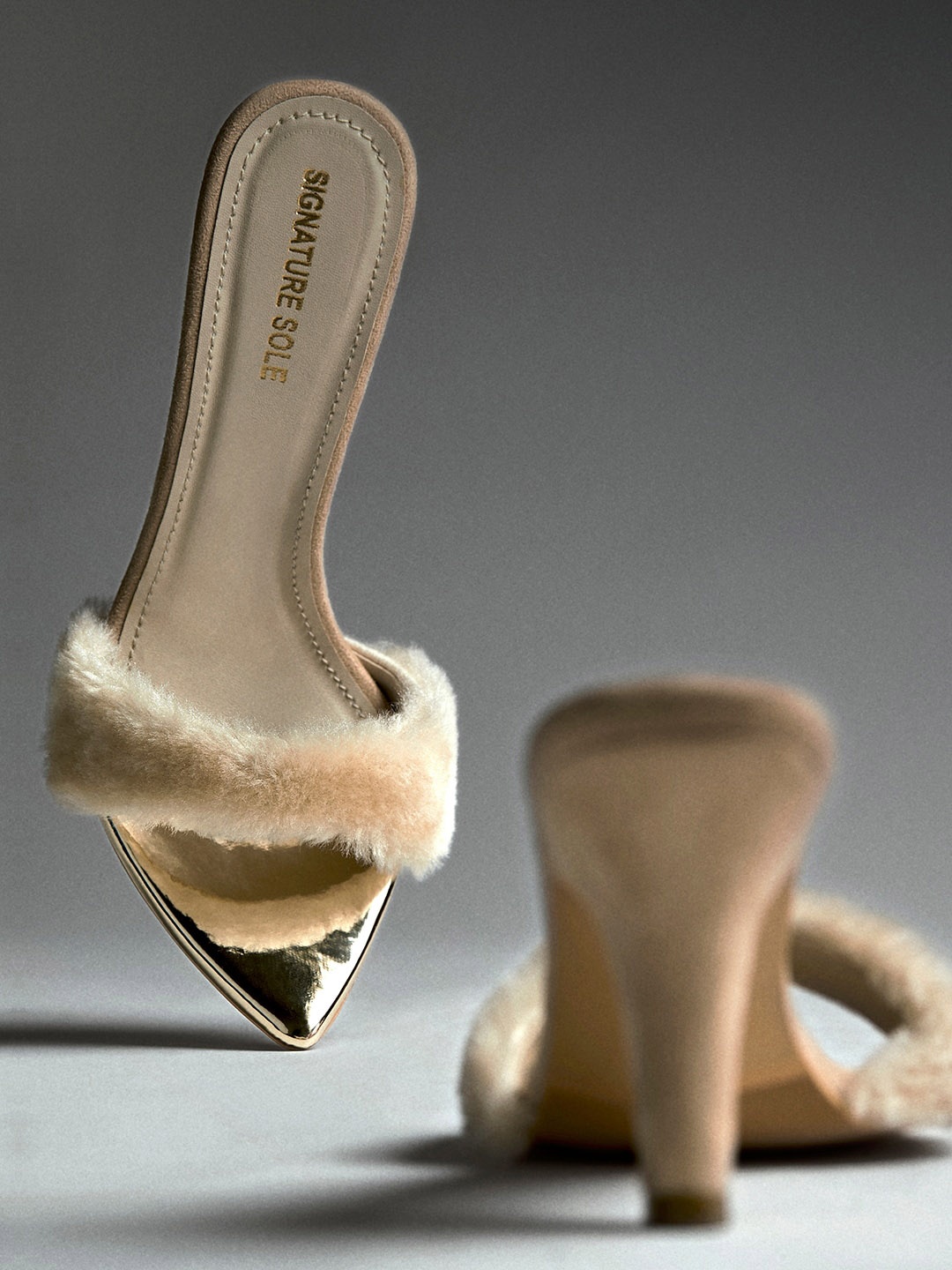 

Signature Sole Fur Open Toe Kitten Heels, Beige