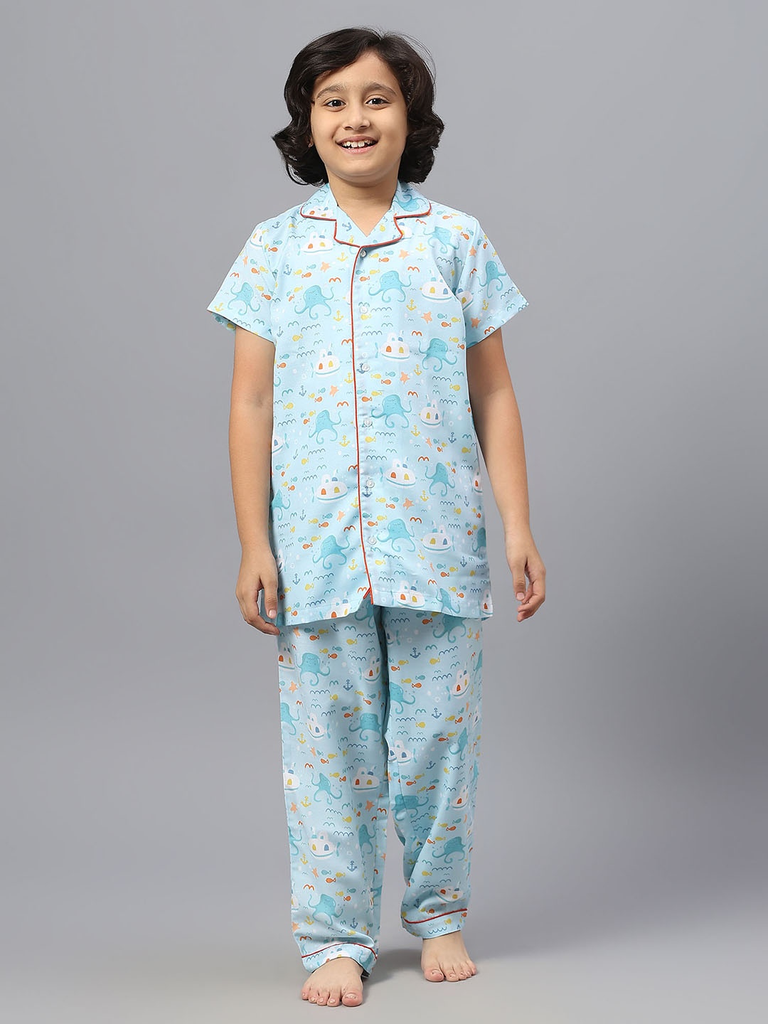 

Kiddiekid Kids Conversational Printed Pure Cotton Night Suit, Blue