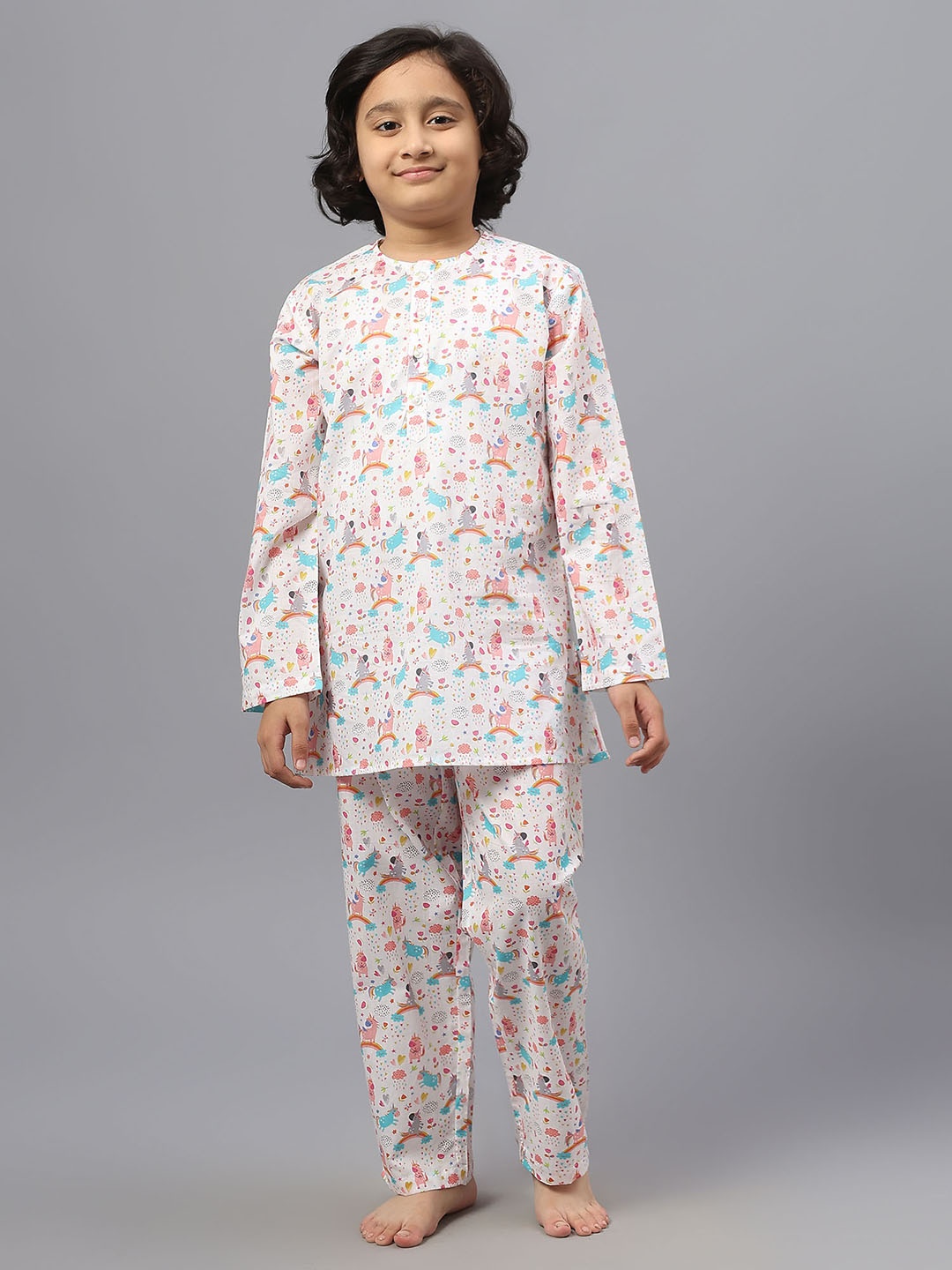 Kiddiekid Kids Unicorn Printed Pure Cotton Shirt & Trousers, White