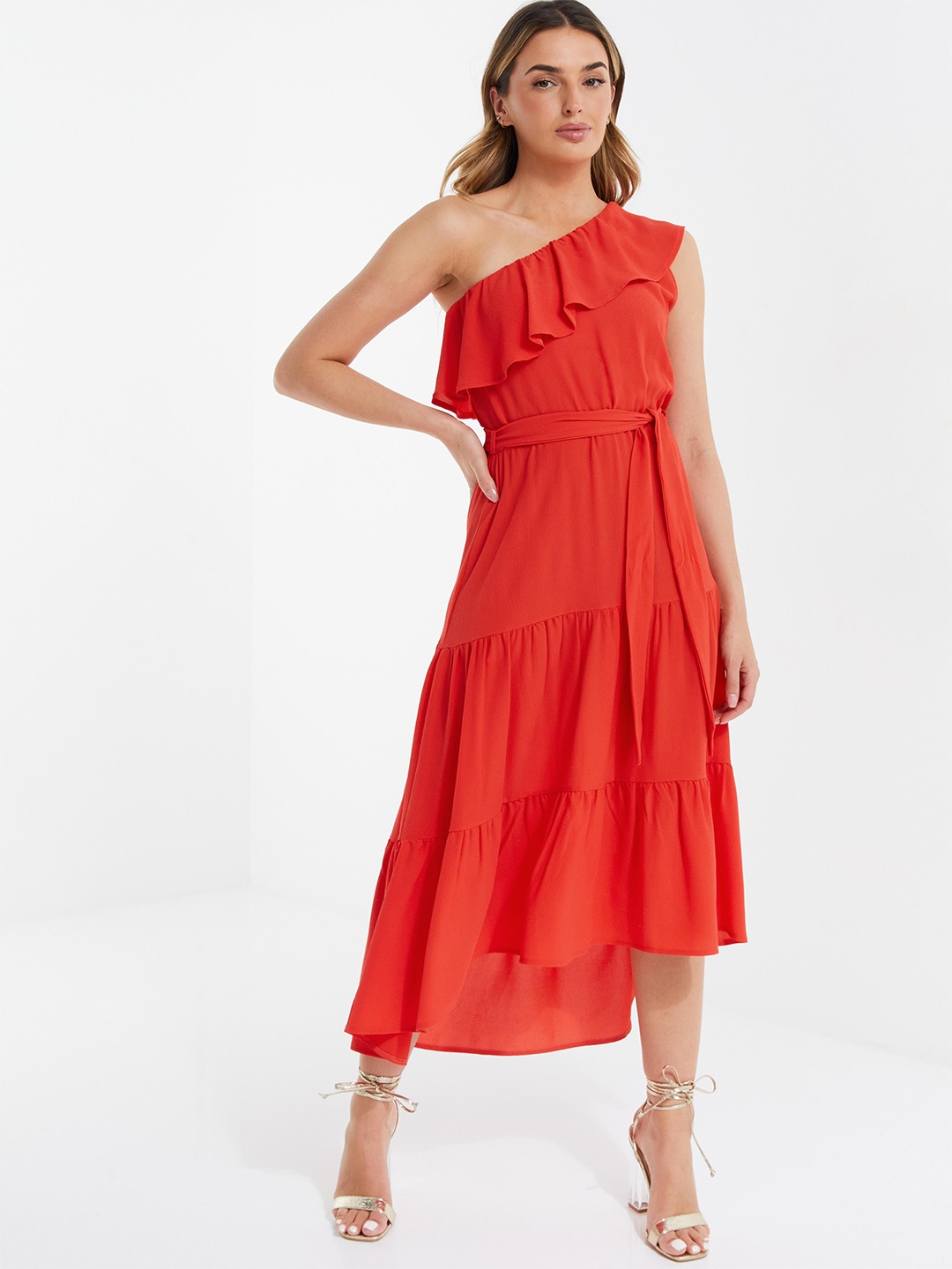 

QUIZ One Shoulder Ruffles Tiered A-Line Midi Dress, Orange