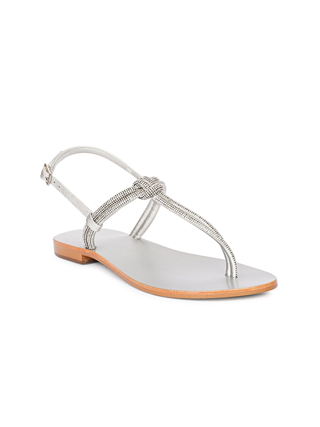 

Saint G Embellished Leather T-Strap Flats With Buckle Closure, Silver