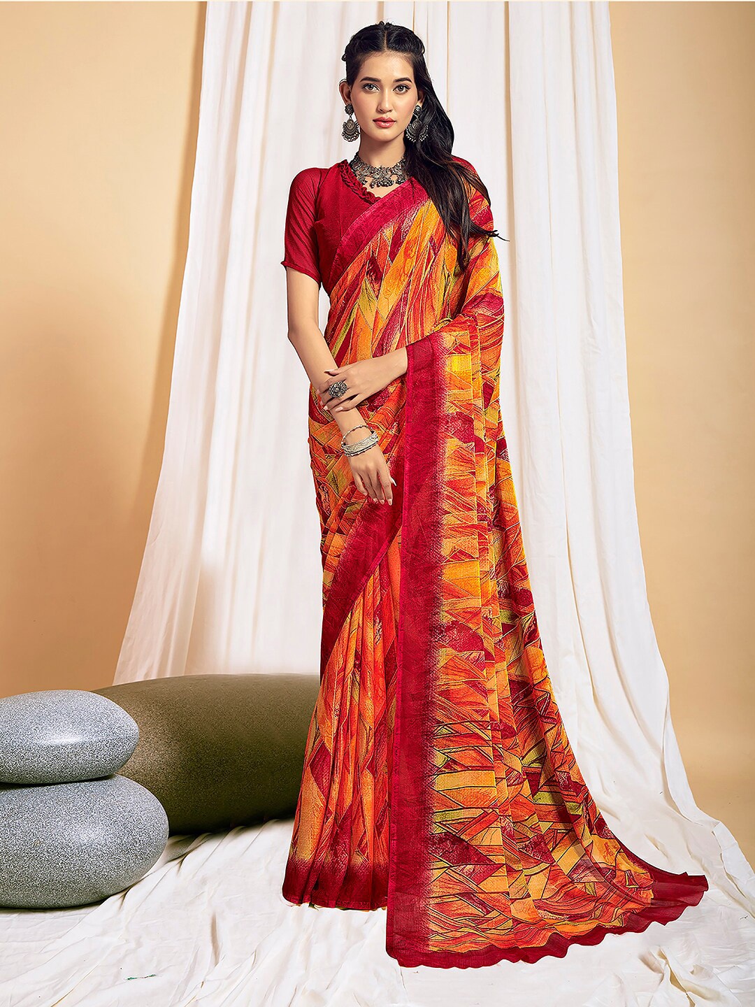 

Kasak Abstract Printed Pure Chiffon Saree, Orange
