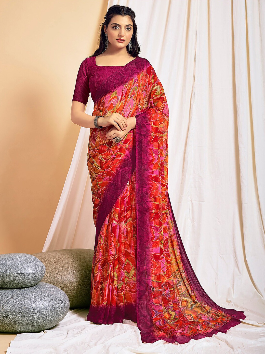 

Kasak Abstract Printed Pure Chiffon Saree, Orange