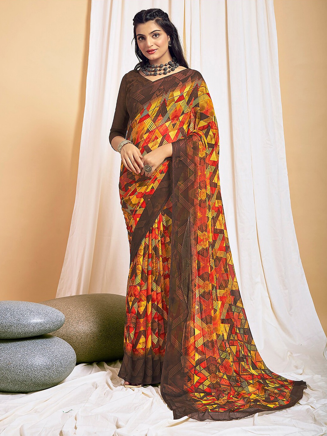 

Kasak Abstract Printed Pure Chiffon Saree, Yellow