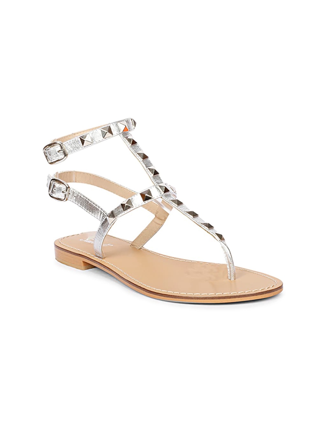 

Saint G Embellished Leather Double Buckle T- Strap Flats, Silver
