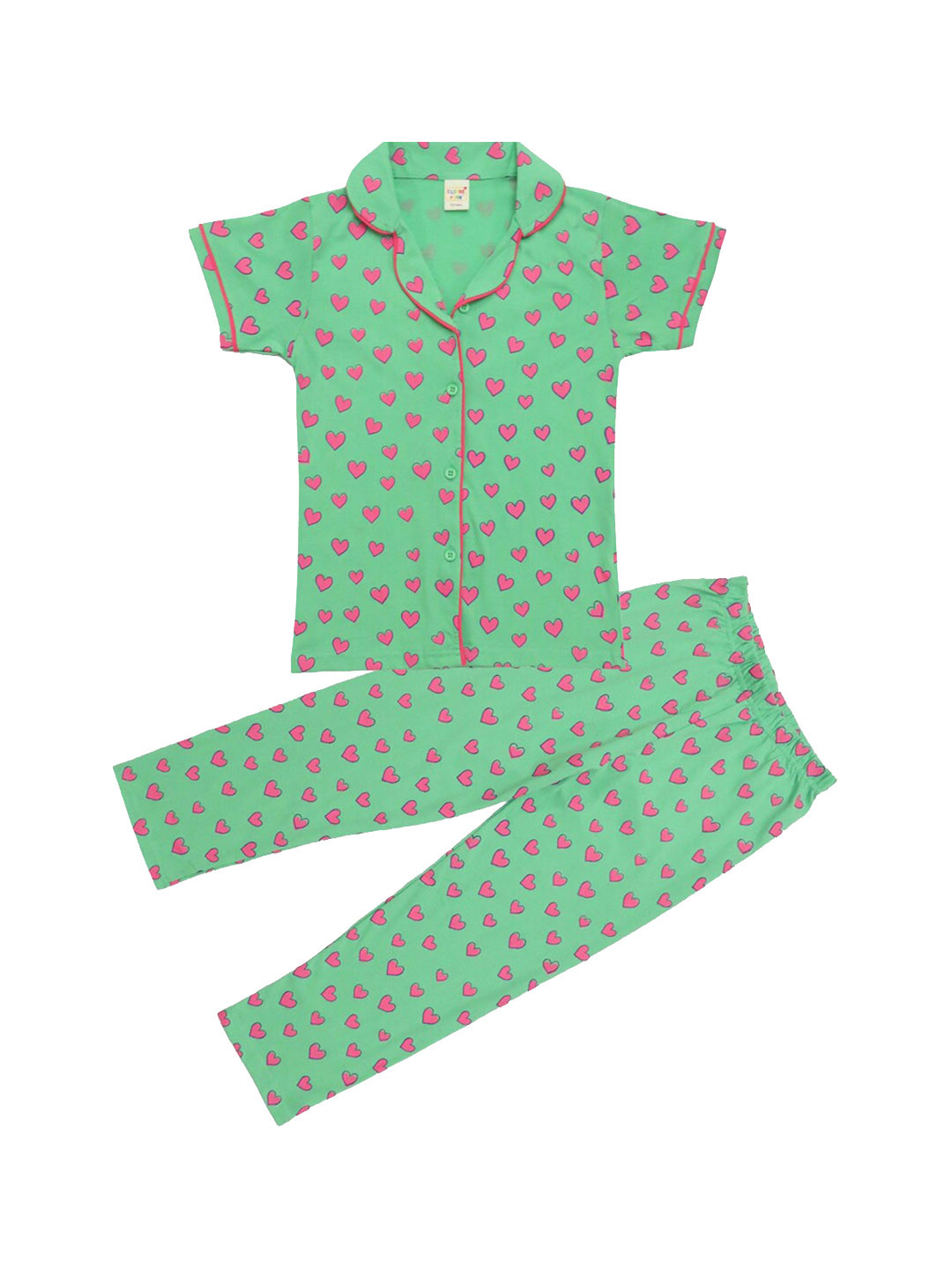

Clothe Funn Girls Conversational Printed Lapel Collar Pure Cotton Night suit, Green