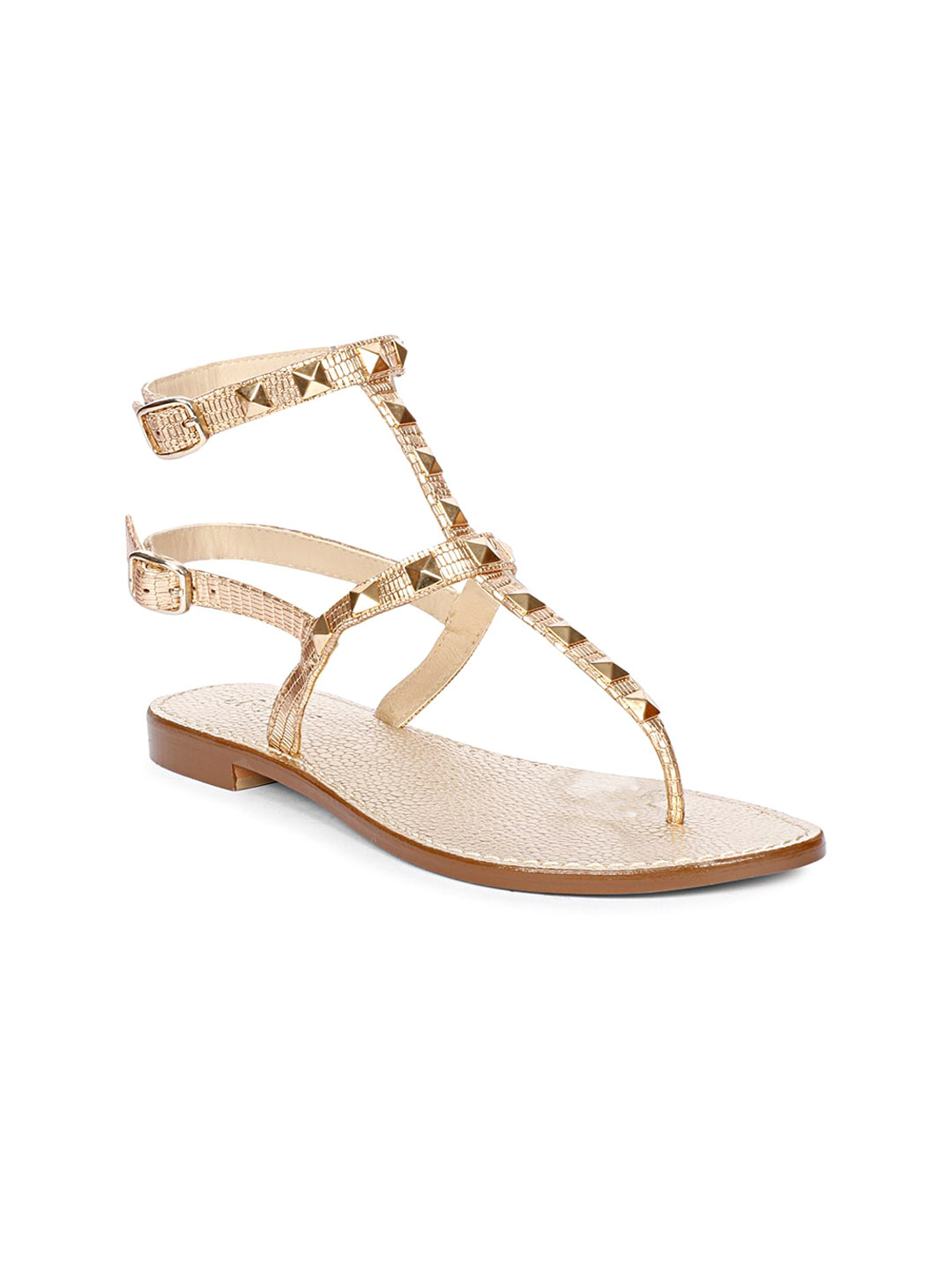 

Saint G Embellished Leather Double Buckle T- Strap Flats, Gold