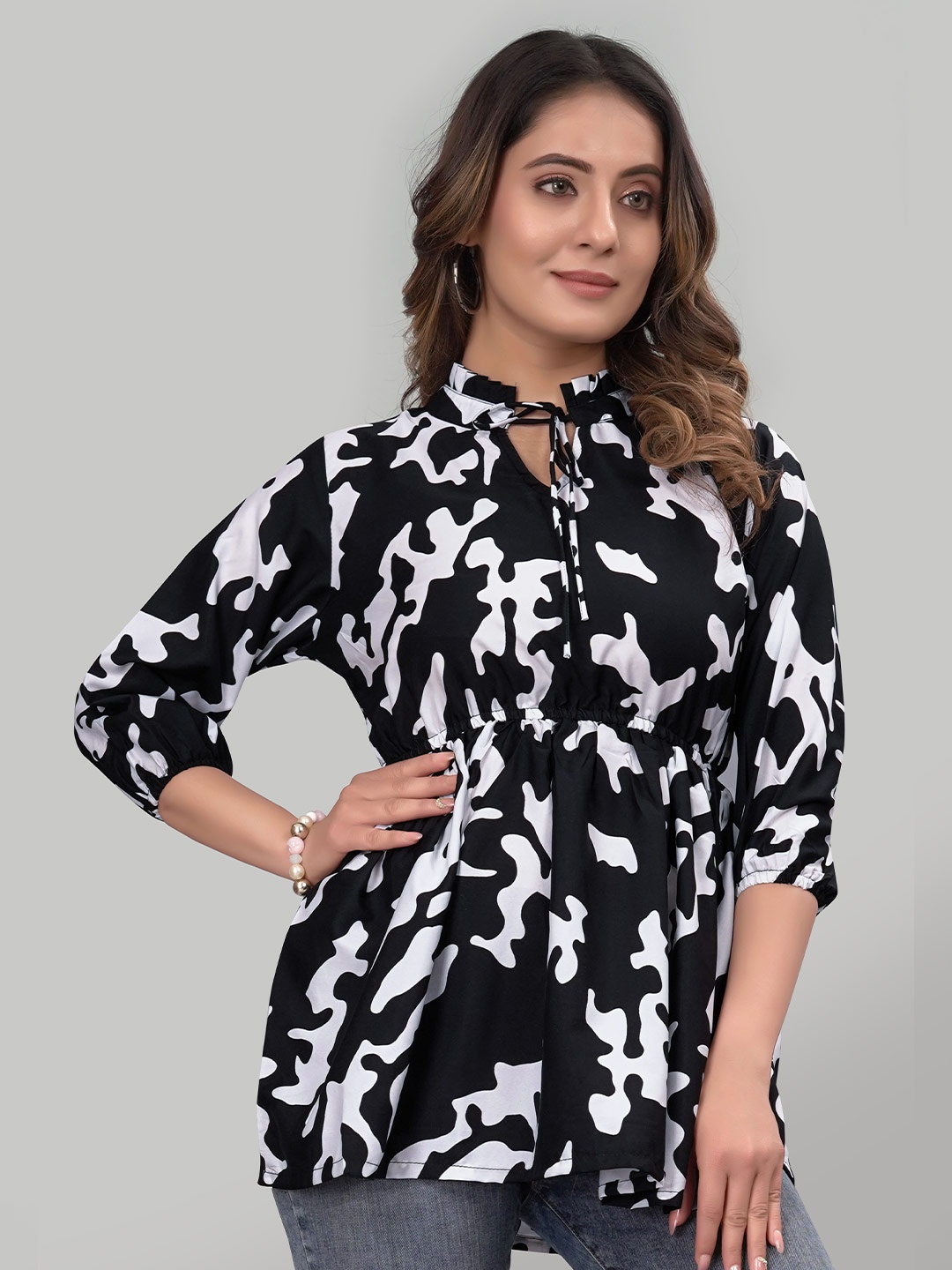 

ZELZIS Abstract Printed High Neck Tie-Ups Tunic, Black