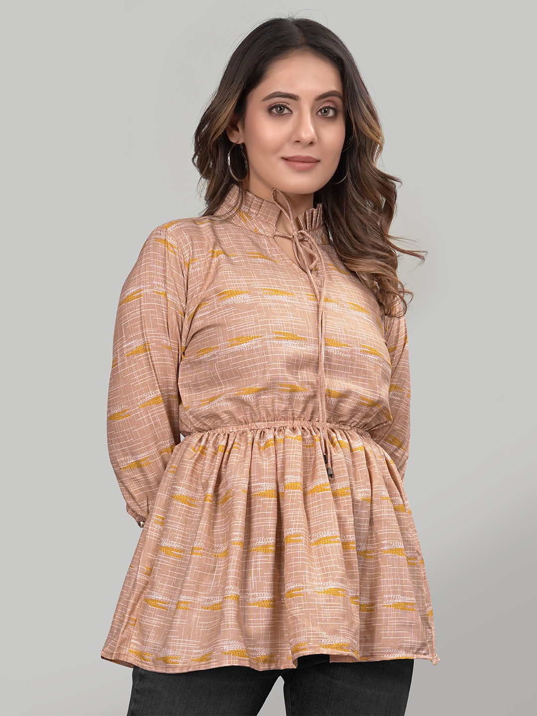 

ZELZIS Abstract Printed High Neck Tie-Ups Tunic, Yellow