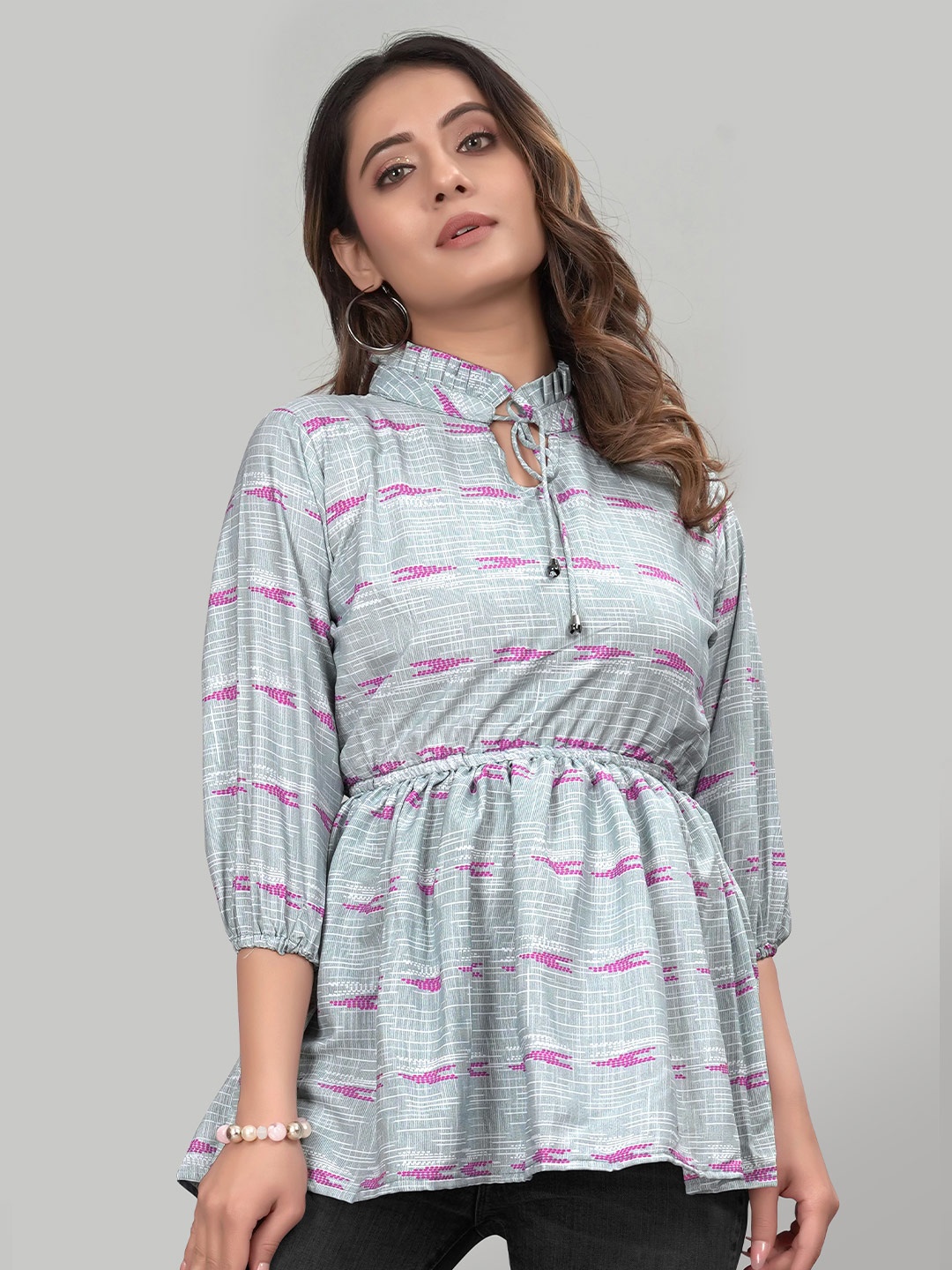 

ZELZIS Abstract Printed High Neck Tie-Ups Tunic, Grey