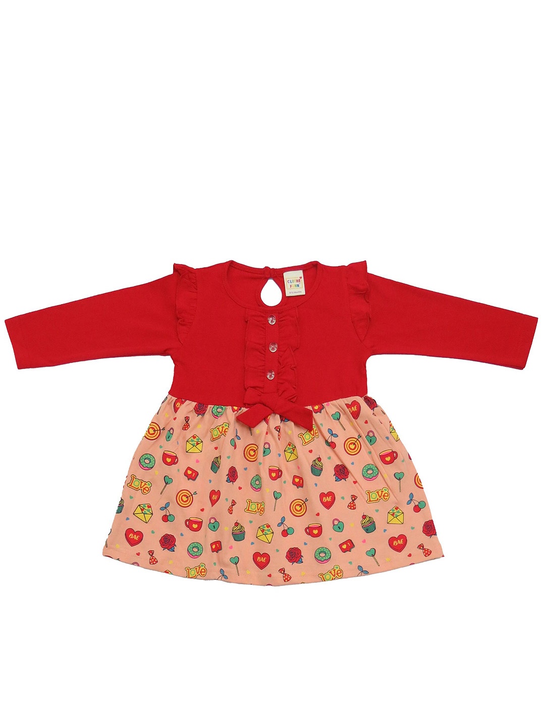 

Clothe Funn Girls Conversational Printed Ruffles Cotton Fit & Flare Dress, Red