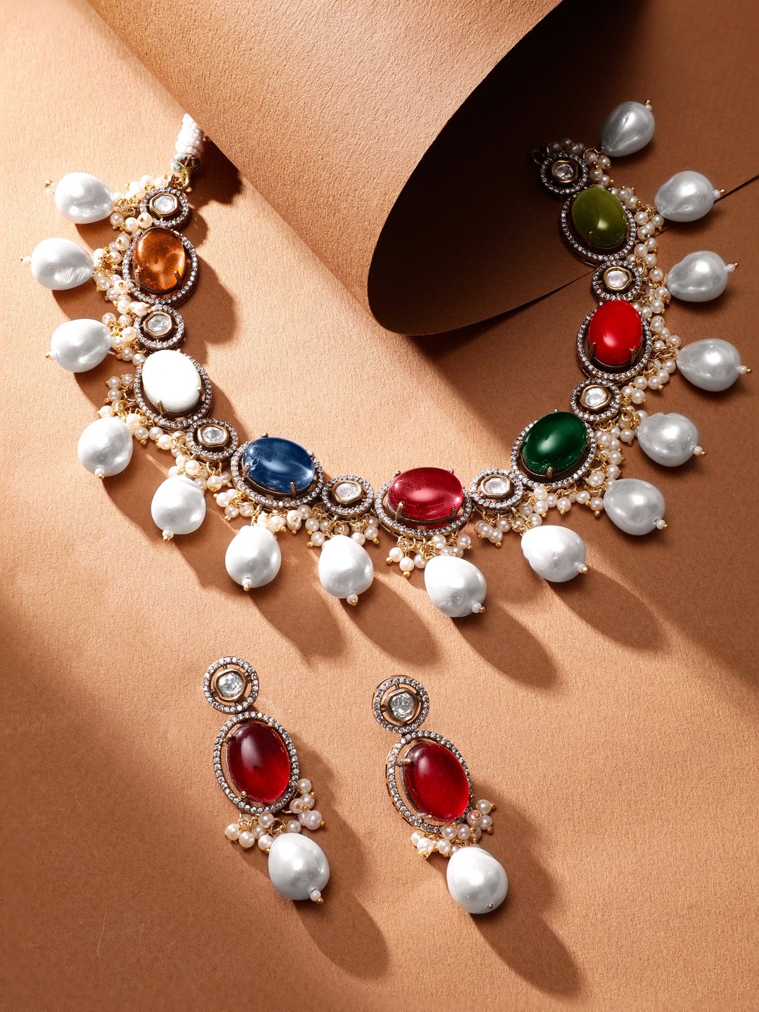 

Rubans Gold-Plated Mosaic Stone Studded Pearl Beaded Jewellery Set