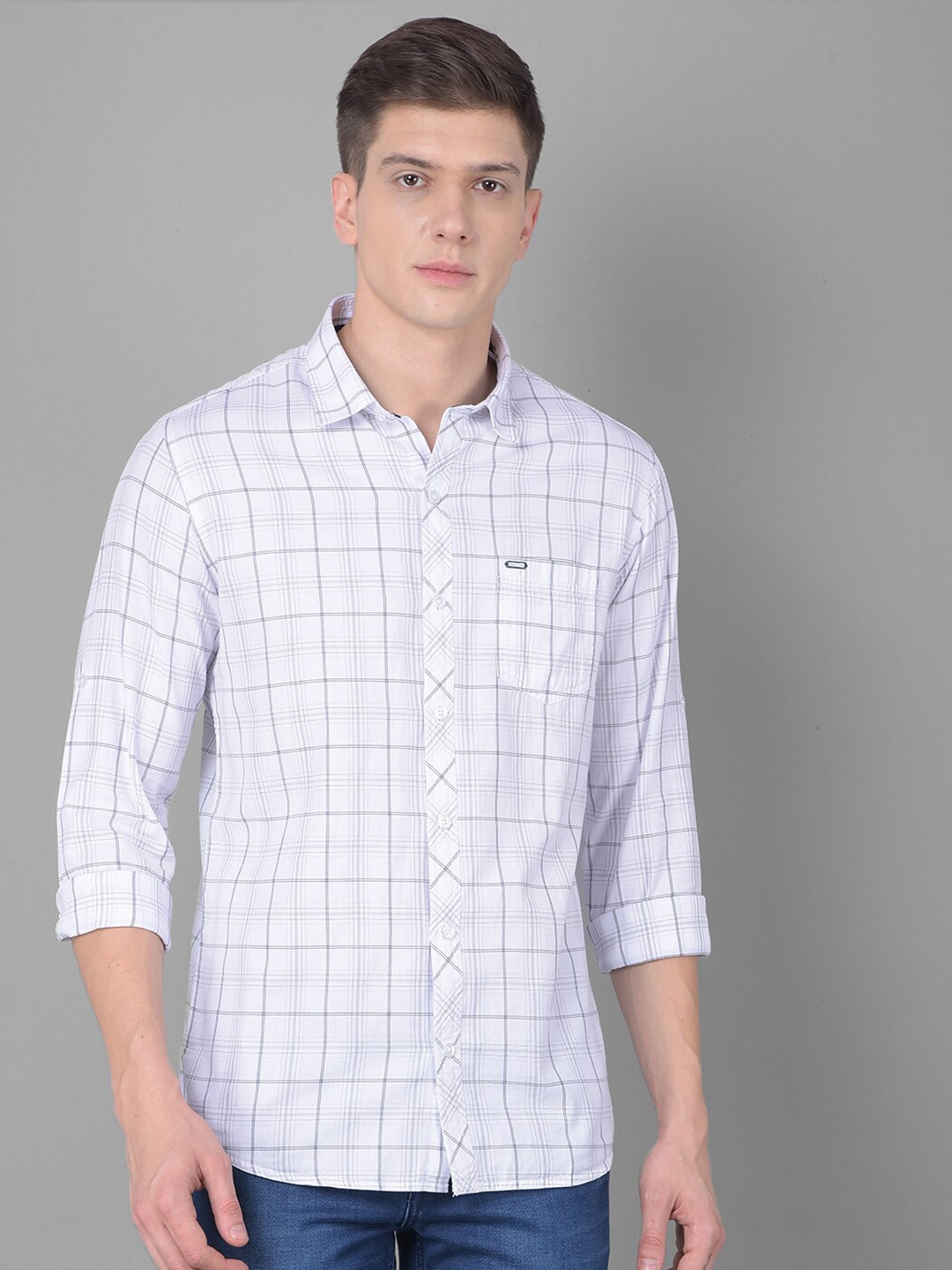 

Canary London Smart Slim Fit Windowpane Checks Twill Cotton Casual Shirt, White