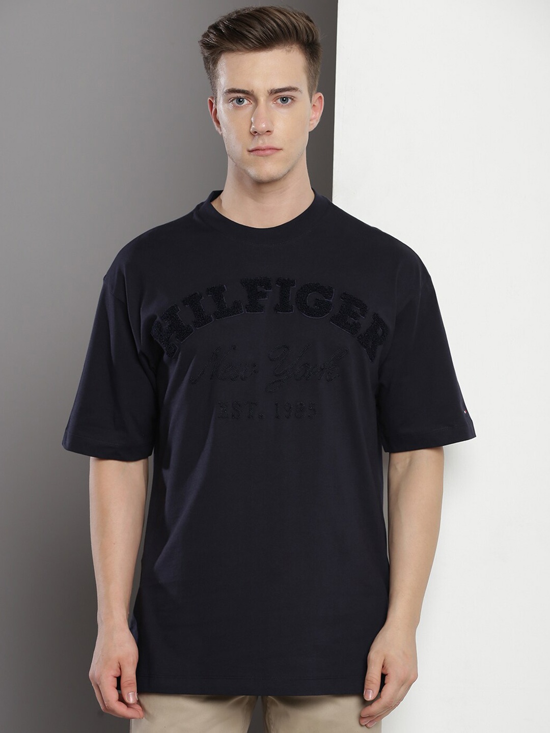 

Tommy Hilfiger Typography Self Design Drop-Shoulder Cotton T-shirt, Blue