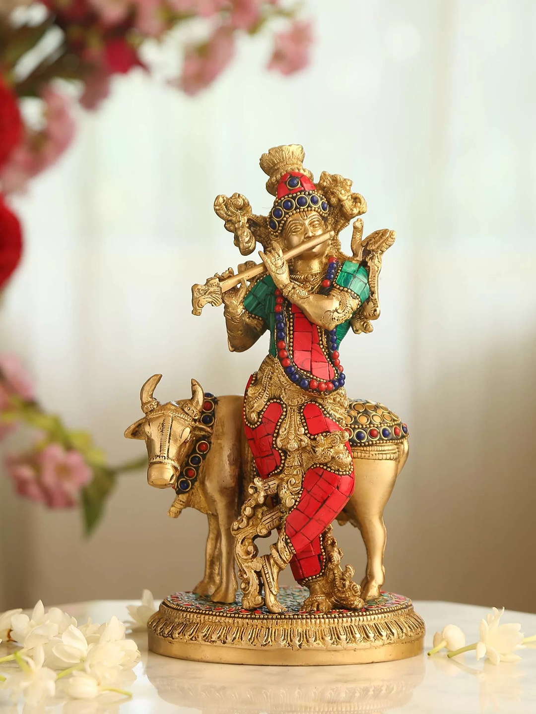 

Amoliconcepts Gold Toned & Green Krishna With Cow In Stone Work