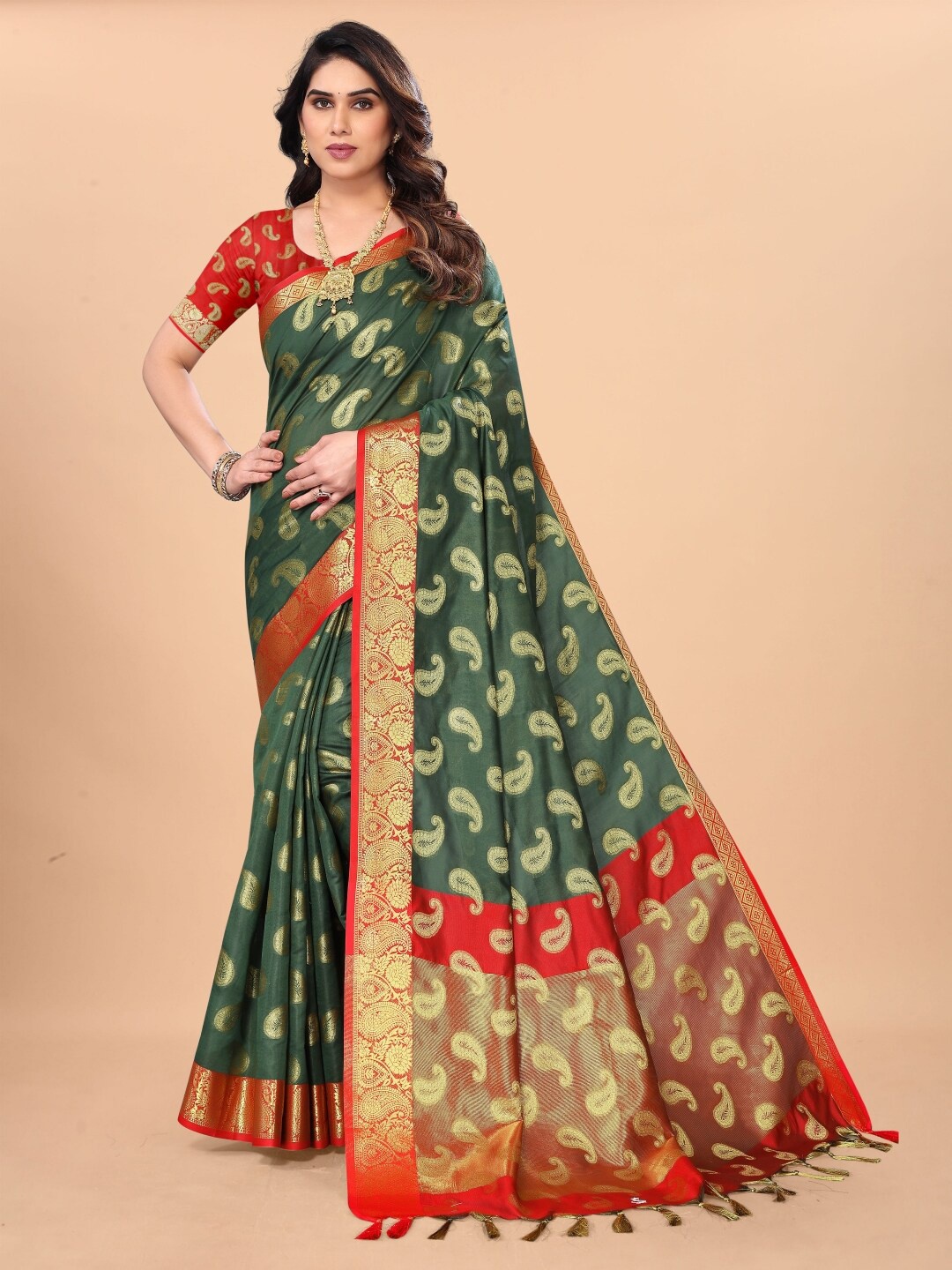 

Paramparik Textile Ethnic Motifs Woven Design Zari Pure Silk Banarasi Saree, Green