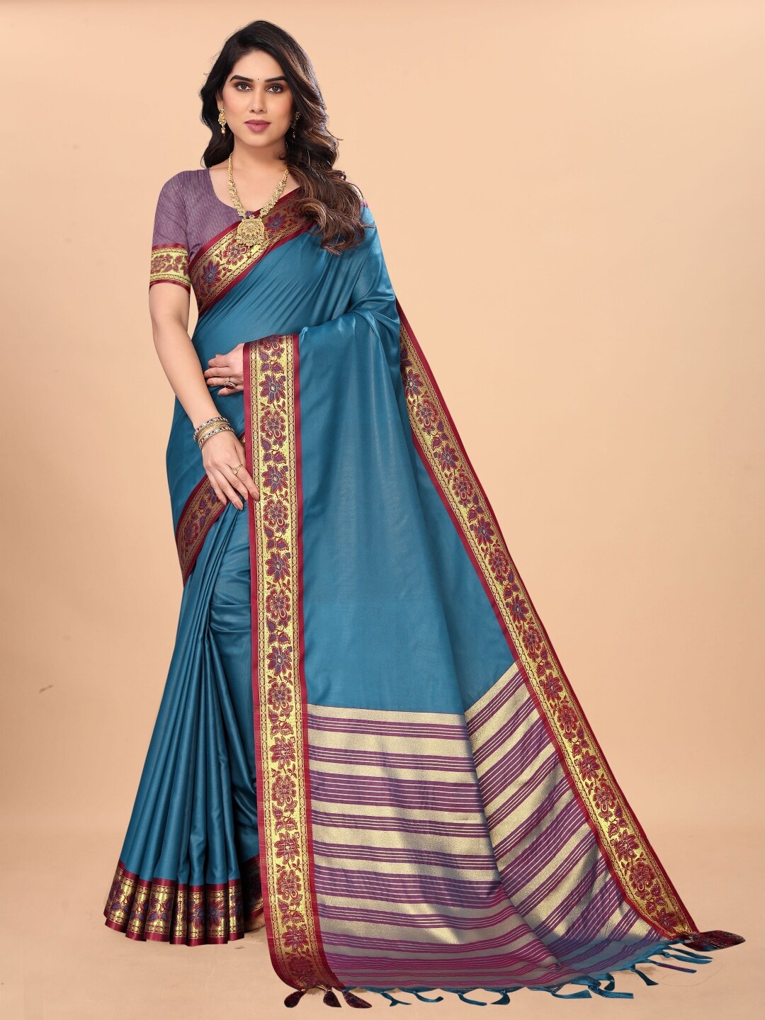 

Paramparik Textile Zari Pure Silk Bomkai Silk Saree, Blue