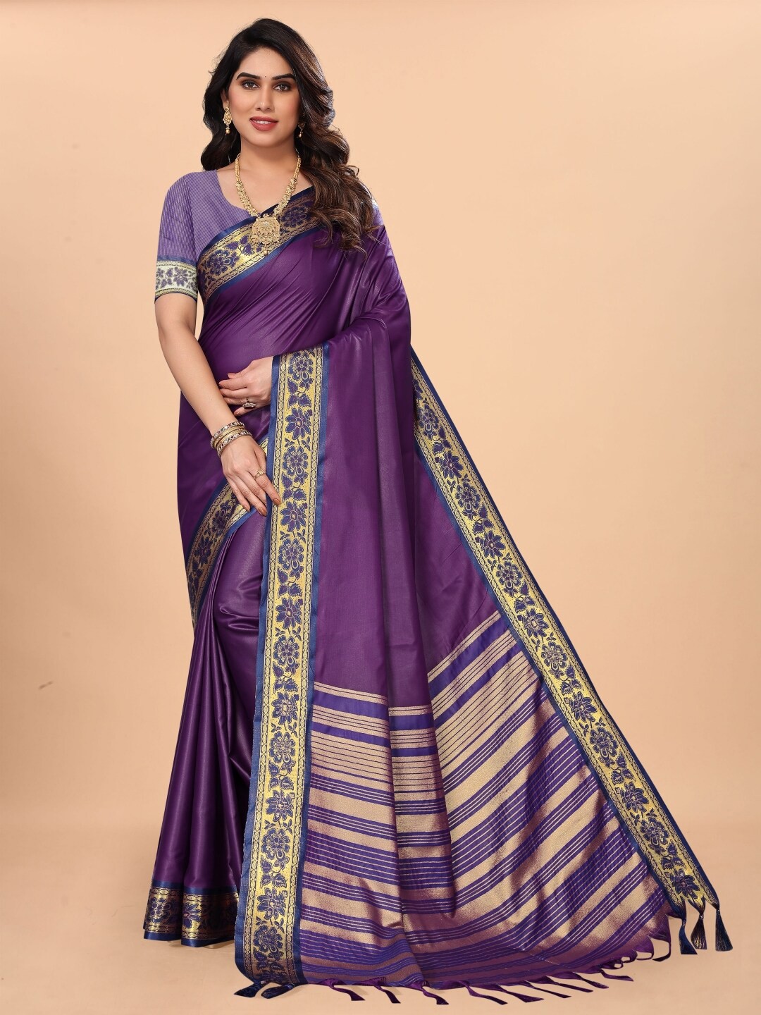 

Paramparik Textile Zari Pure Silk Bomkai Silk Saree, Purple