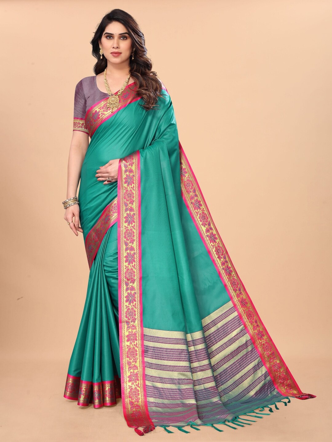 

Paramparik Textile Zari Pure Silk Bomkai Silk Saree, Teal