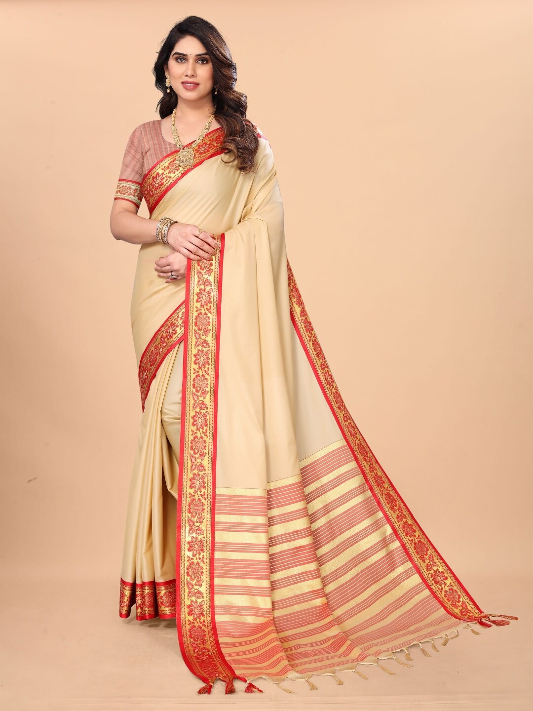 

Paramparik Textile Zari Pure Silk Bomkai Silk Saree, Beige