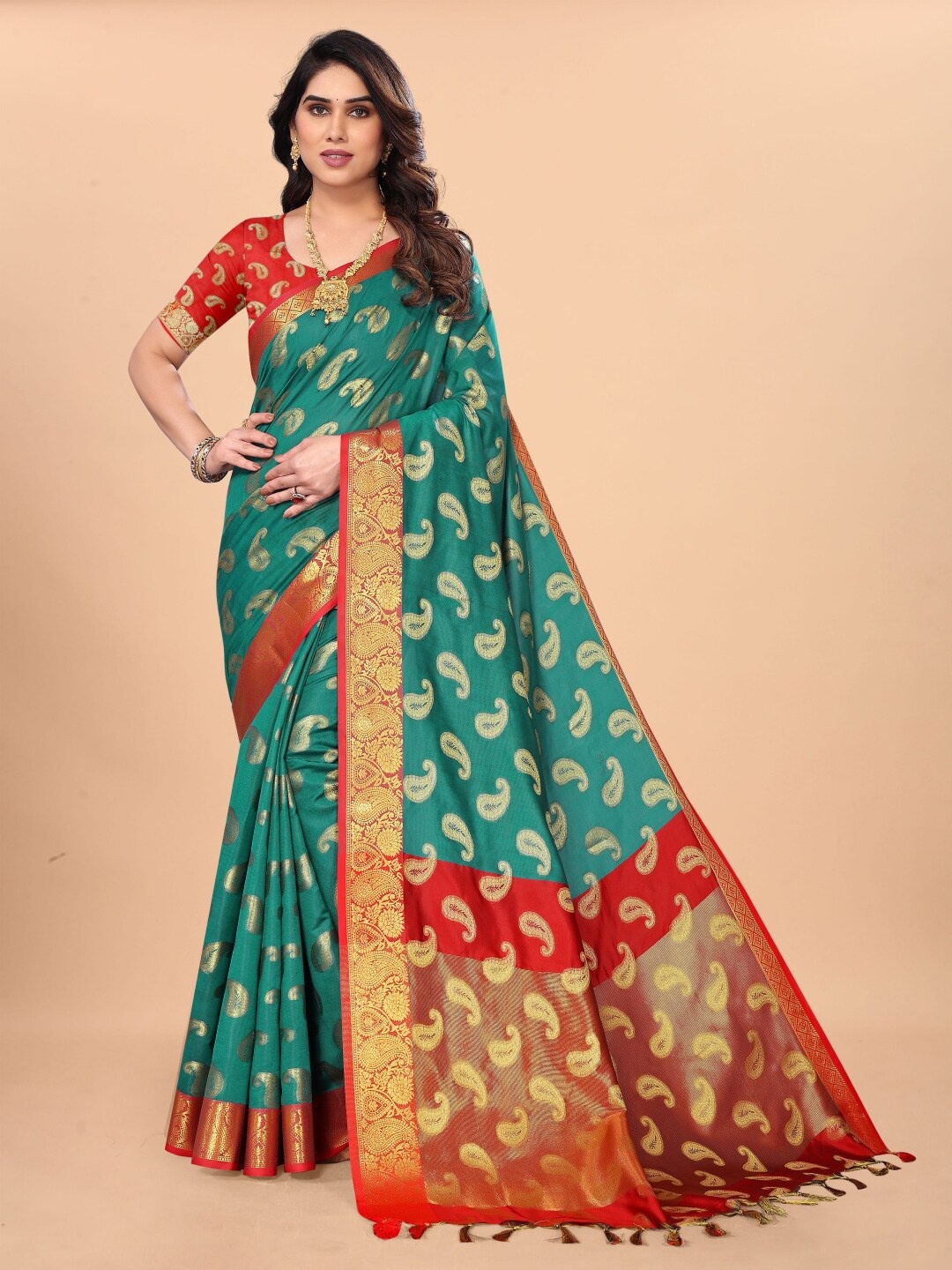 

Paramparik Textile Ethnic Motif Woven Design Zari Pure Silk Banarasi Saree, Teal