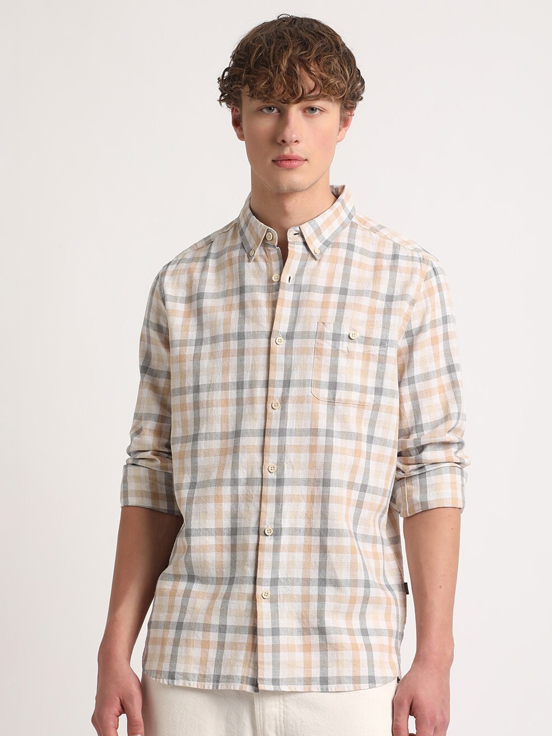 

THE BEAR HOUSE Tartan Checked Slim Fit Cotton Linen Casual Shirt, White