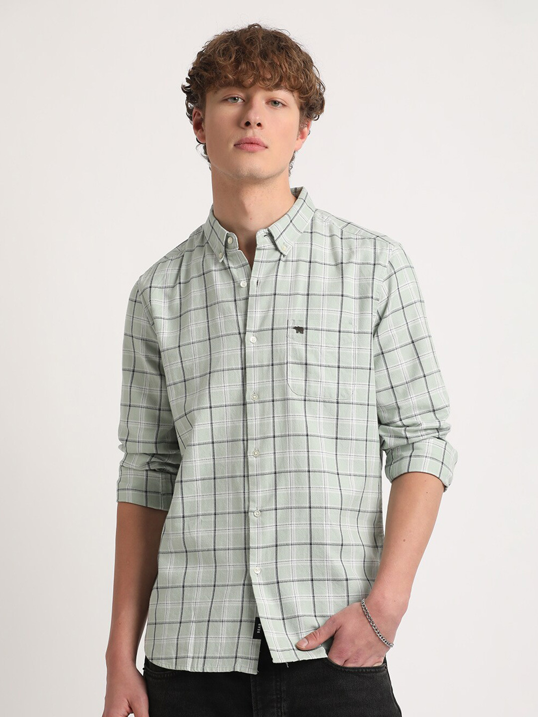 

THE BEAR HOUSE Slim Fit Windowpane Checks Button-Down Collar Cotton Casual Shirt, Green