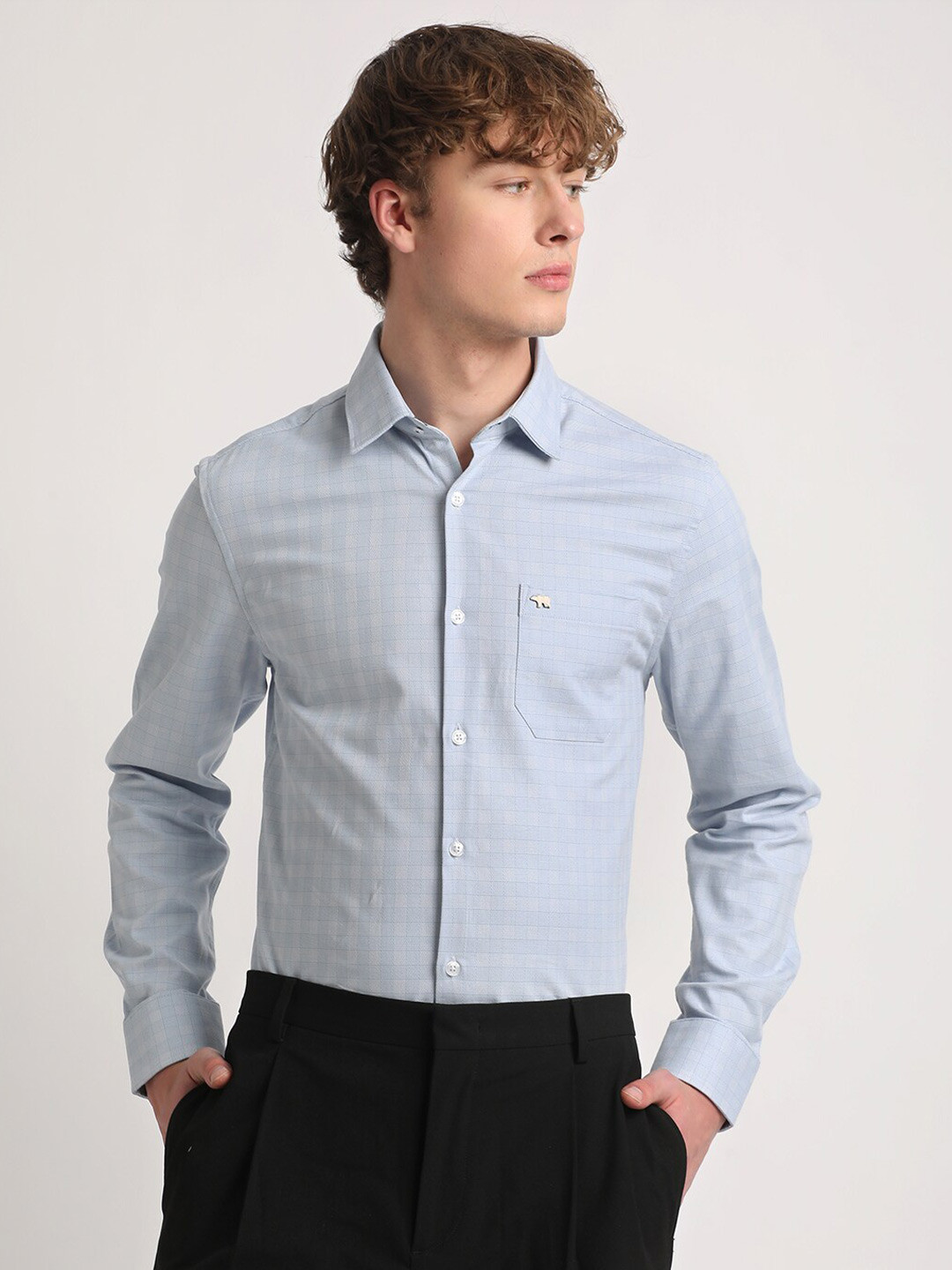 

THE BEAR HOUSE Slim Fit Micro Checks Spread Collar Long Sleeves Cotton Formal Shirt, Blue