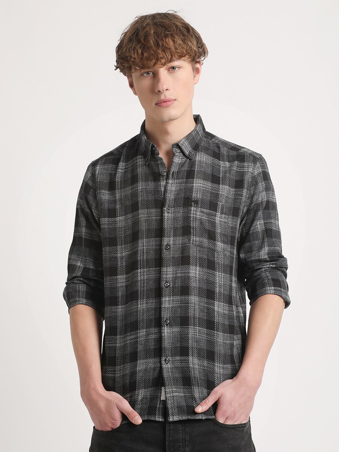 

THE BEAR HOUSE Checked Slim Fit Pure Cotton Casual Shirt, Black