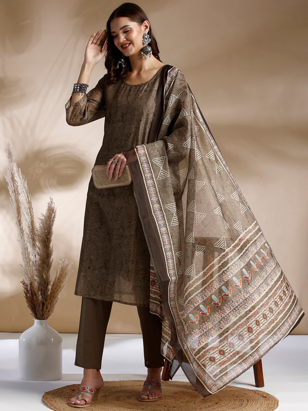 

Anouk Abstract Printed Regular Chanderi Cotton Kurta With Trousers & Dupatta, Brown