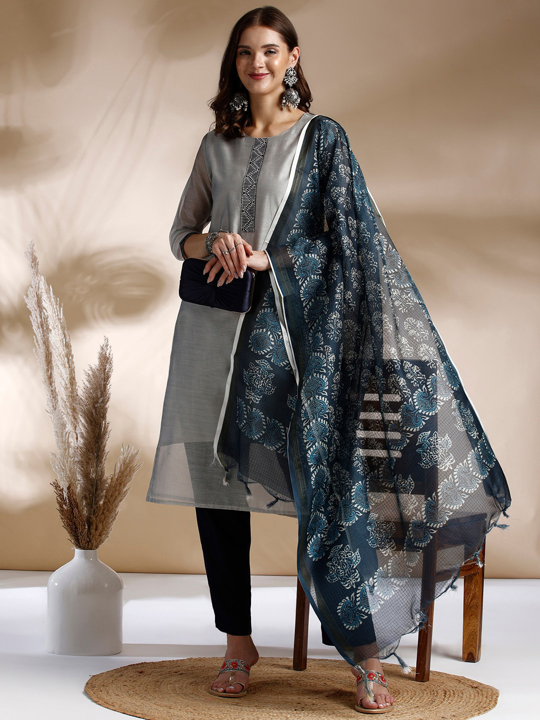 

Anouk Regular Chanderi Cotton Thread Work Kurta With Trousers & Dupatta, Grey