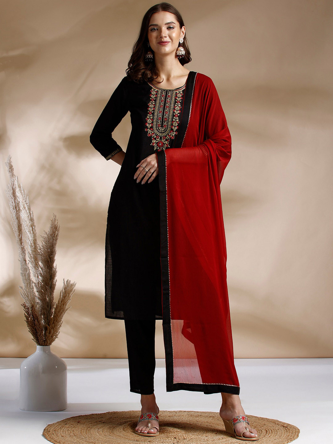 

Anouk Ethnic Motifs Embroidered Sequinned Pure Cotton Kurta With Trousers & Dupatta, Black