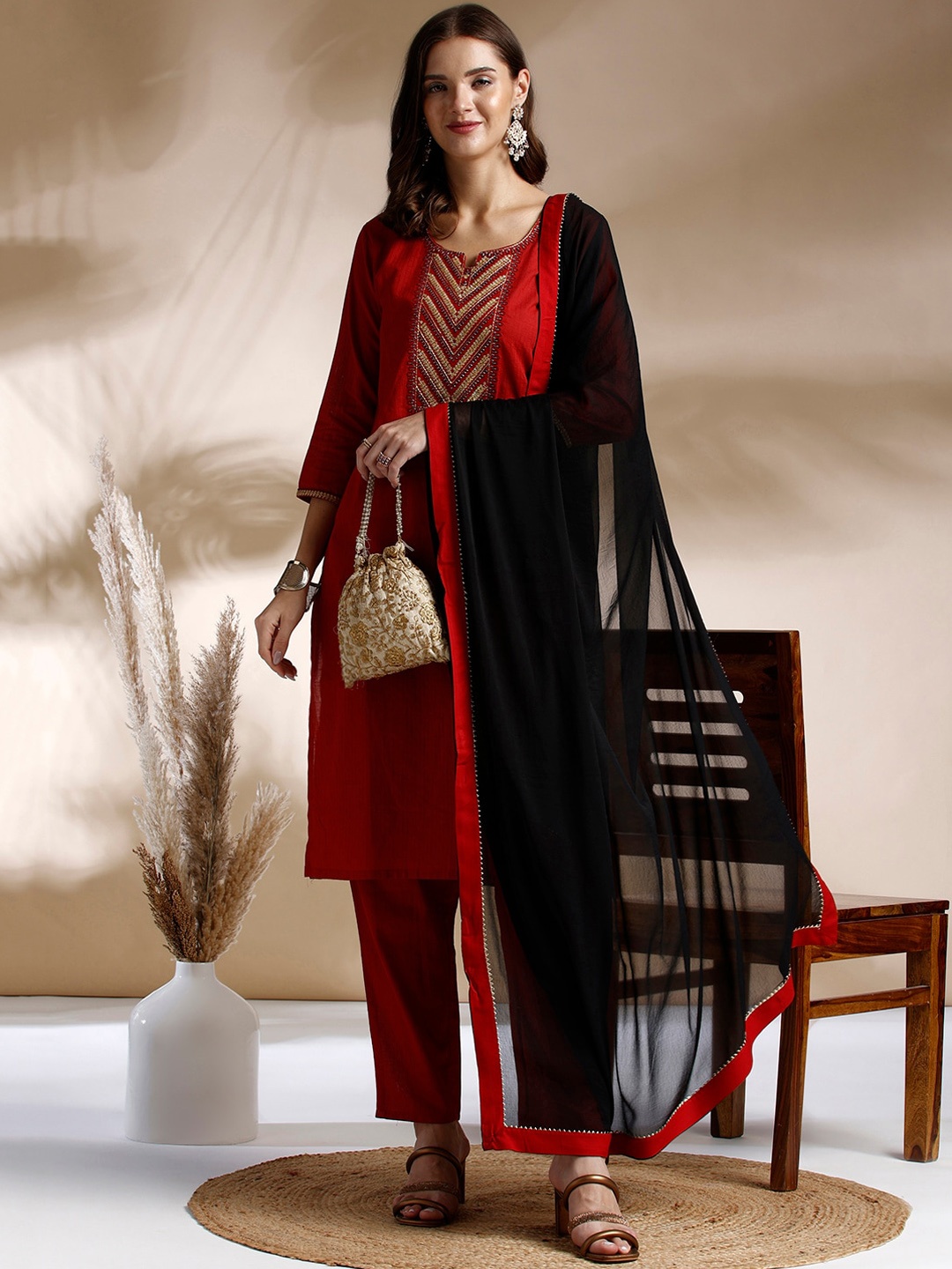 

Anouk Yoke Design Thread Work Pure Cotton Kurta With Trousers & Dupatta, Rust