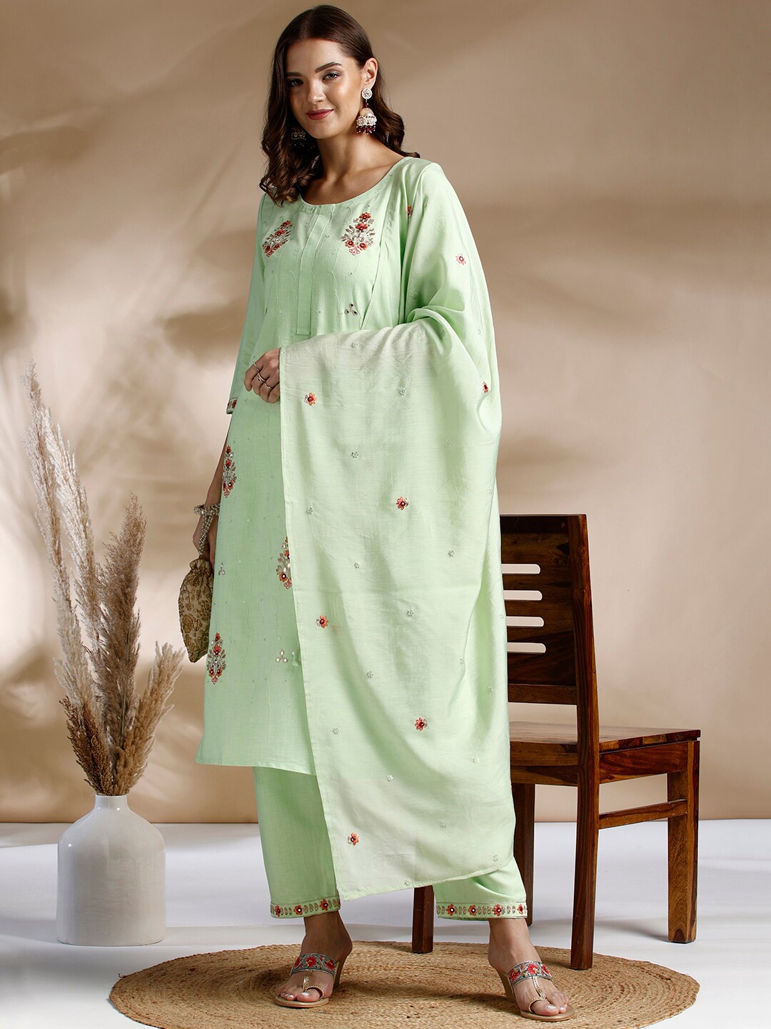 

Anouk Ethnic Motifs Embroidered Regular Sequinned Kurta With Trousers & Dupatta, Lime green