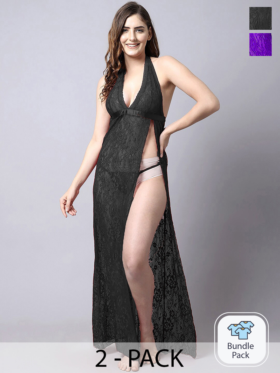 

AROUSY Pack Of 2 Self Design Halter Neck Net Baby Doll, Black