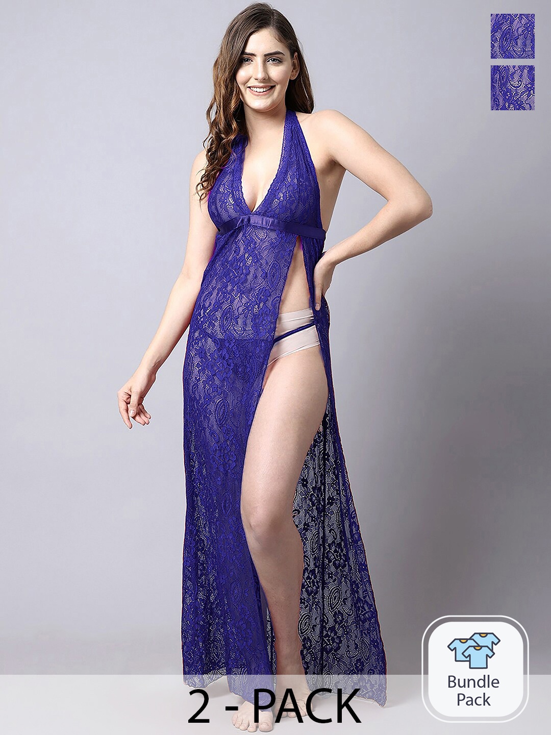 

AROUSY Pack Of 2 Lace Self Design Halter Neck Net Baby Doll, Blue
