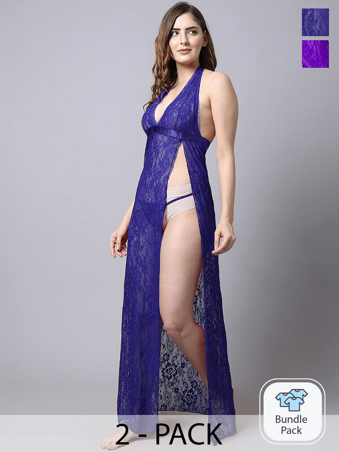 

AROUSY Pack Of 2 Lace Self Design Halter Neck Net Baby Doll, Purple