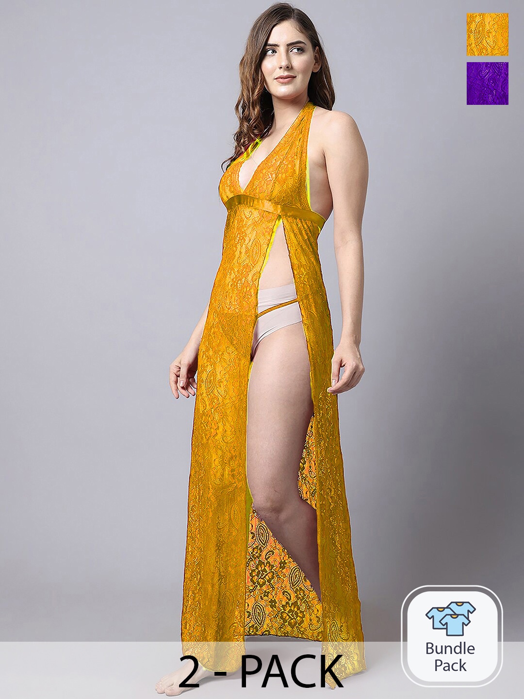 

AROUSY Pack Of 2 Self Design Halter Neck Net Baby Doll, Yellow