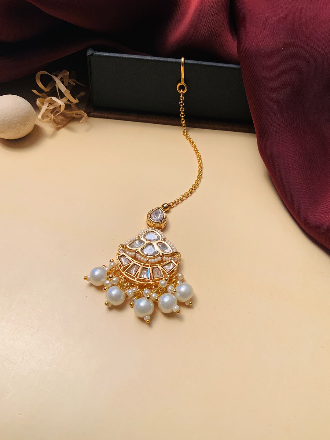 

ABDESIGNS Gold-Plated Kundan Studded & Artificial Beaded Maangtikka