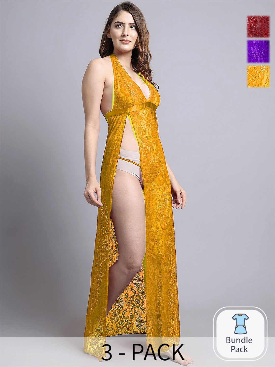 

Aamarsh Pack Of 2 Self Design Net Halter Neck Baby Doll, Yellow