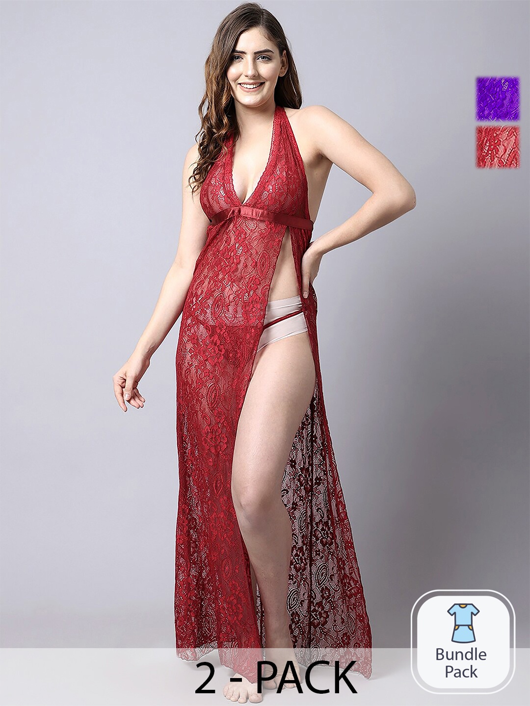 

Aamarsh Pack Of 2 Self Design Net Halter Neck Baby Doll, Red