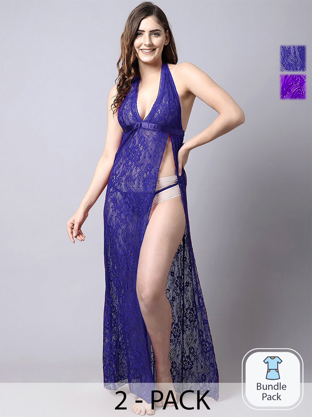 

Aamarsh Pack Of 2 Self Design Halter Neck Baby Doll, Blue