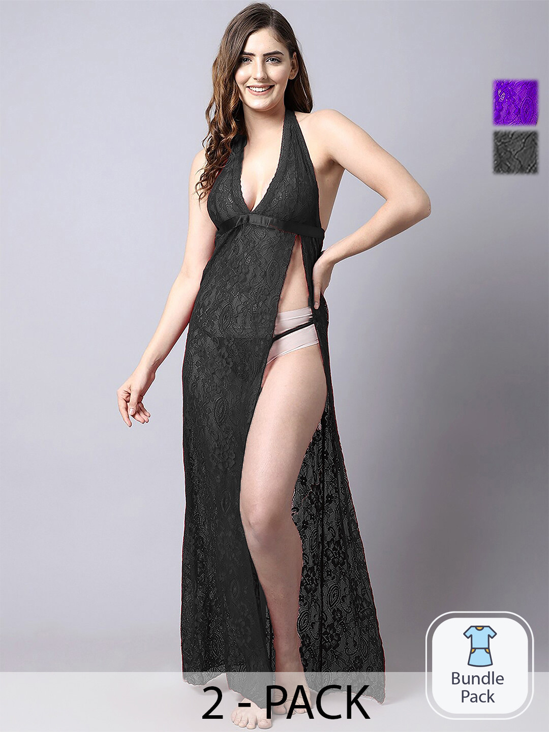

Aamarsh Pack Of 2 Self Design Halter Neck Net Baby Doll, Black