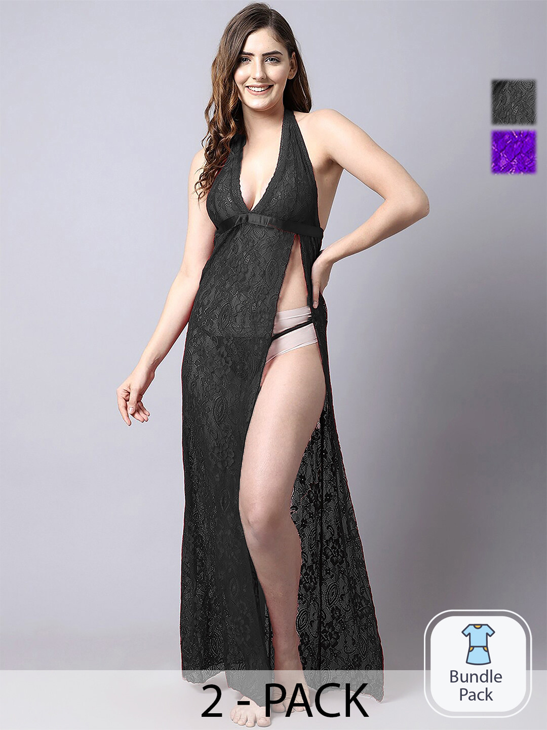 

Aamarsh Pack Of 2 Self Design Halter Neck Baby Doll, Black