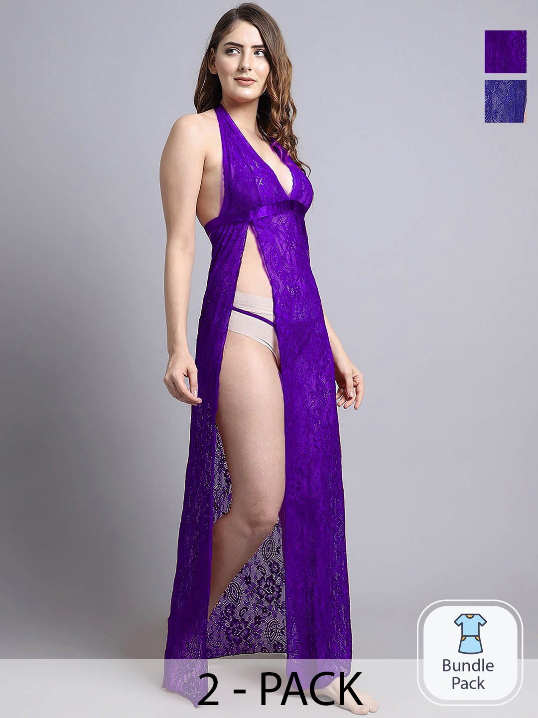 

Aamarsh Pack Of 2 Self Design Halter Neck Net Tie-Up Baby Doll, Purple