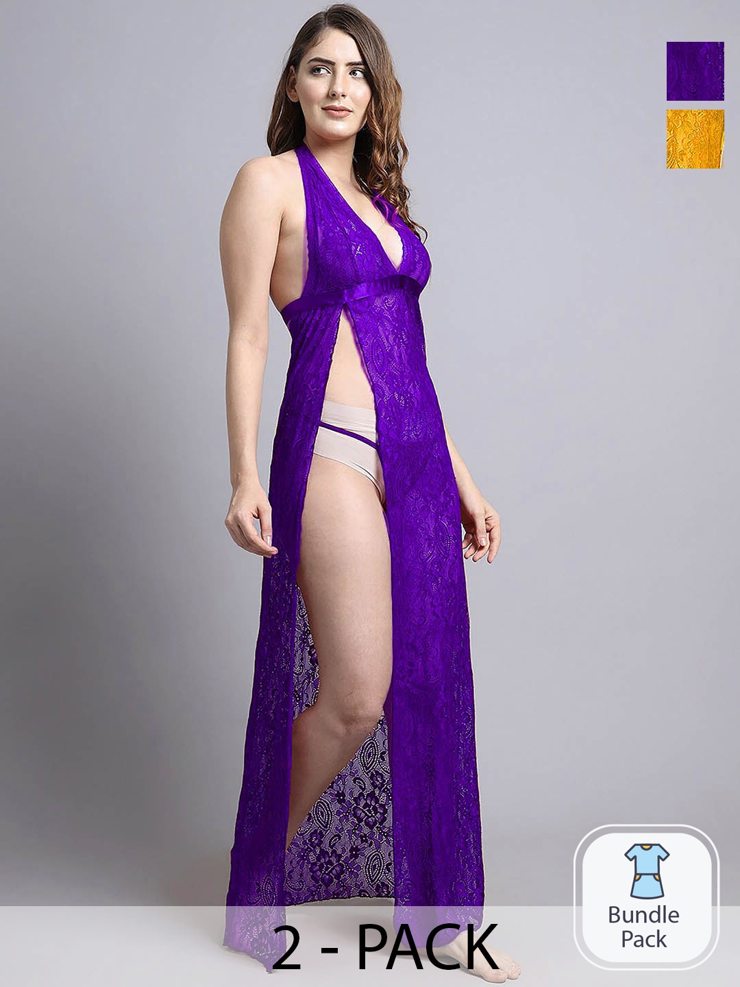 

Aamarsh Pack Of 2 Self Design Net Halter Neck Baby Doll, Purple