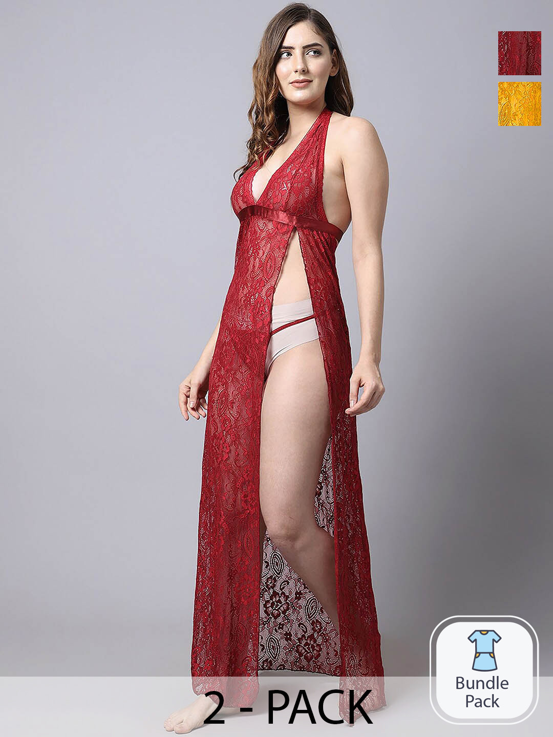 

Aamarsh Pack Of 2 Self Design Net Halter Neck Baby Doll, Red